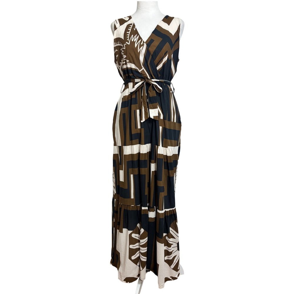 CIVICO 51 Maxi Dress Brown Black Geometric Floral Tiered Boho Made in Italy L